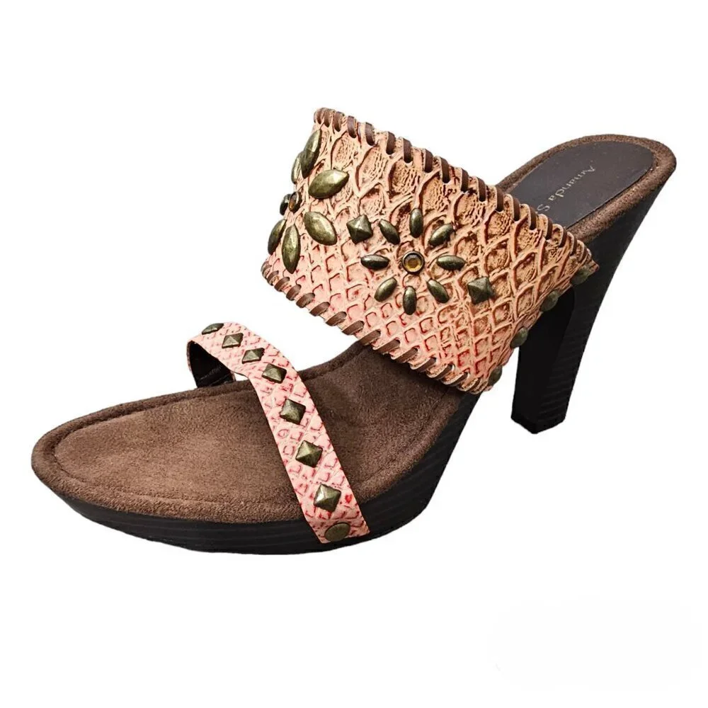 Amanda Smith Salmon Topaz Bead Adorned Leather Boho Platform Heel Sandal NEW
